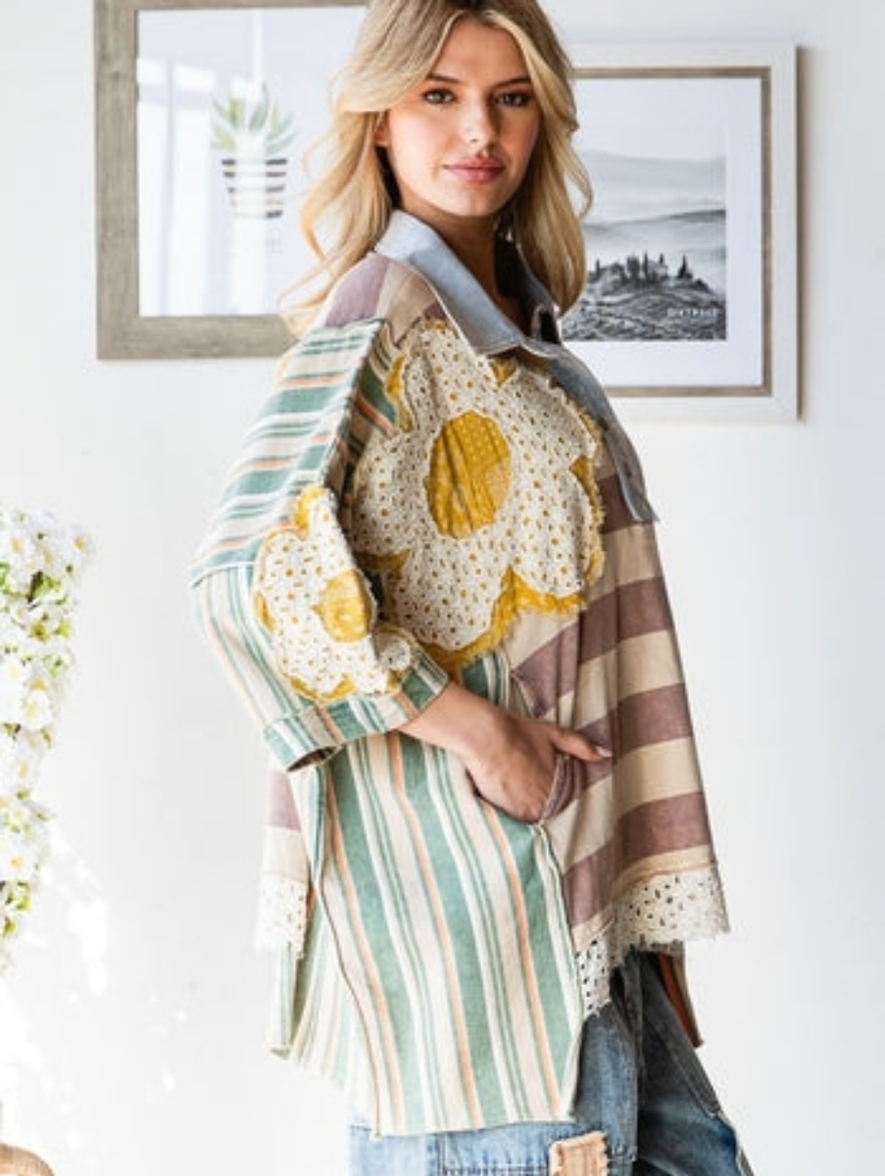 Oli & Hali Oversized Multicolored Mix n Matched Striped Top with Flower Patches - Picture 3 of 6